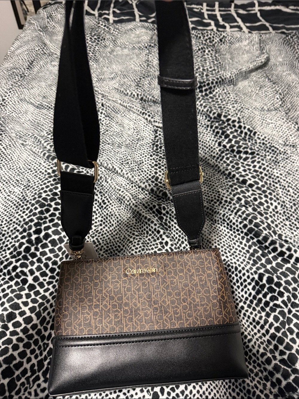 Calvin Klein Brown Monogram Crossbody with Black Strap
